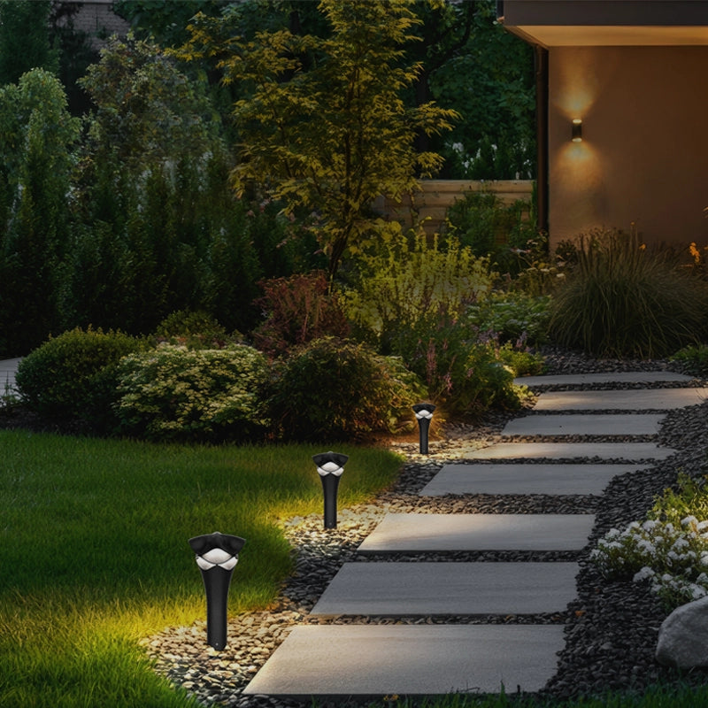 In this night view, a modern black villa stands quietly by, and the lawn lights are the visual highlight.