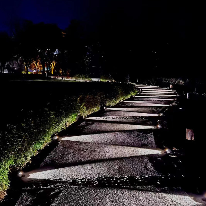 At night, Low Profile Outdoor Path Light is arranged in a staggered pattern on a path, like a painting.