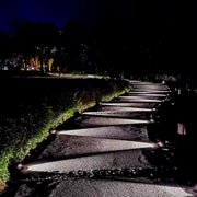 At night, Low Profile Outdoor Path Light is arranged in a staggered pattern on a path, like a painting.