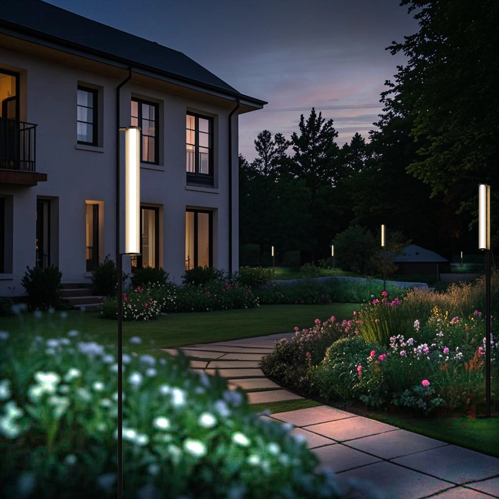 Several floor lamps are staggered along the garden pathway, creating a warm and natural ambiance.