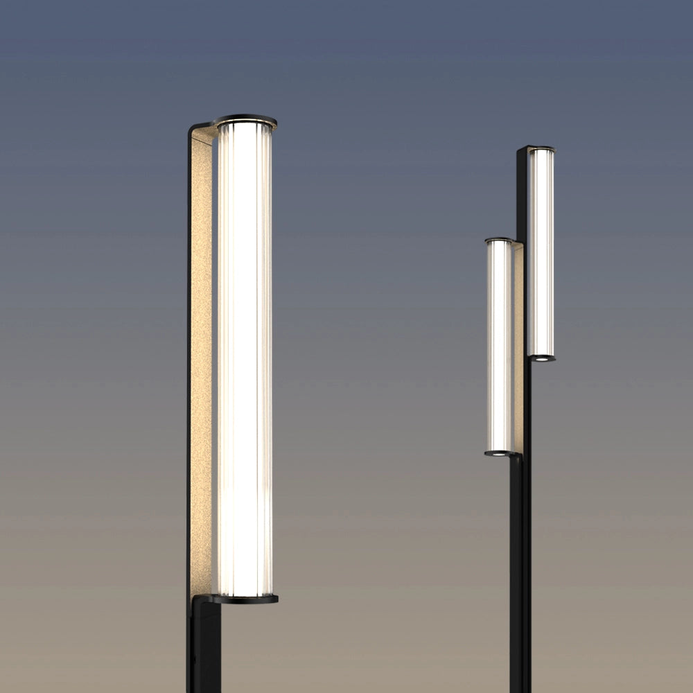 Close-up of the top lampshades on the single-head and double-head outdoor floor lamps.