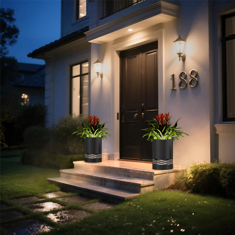 The front door of a house with two steps in front of it. On each side of the steps is a column-shaped potted lamp with red plants growing in the pots. The lights illuminate the surrounding area and create a warm atmosphere.
