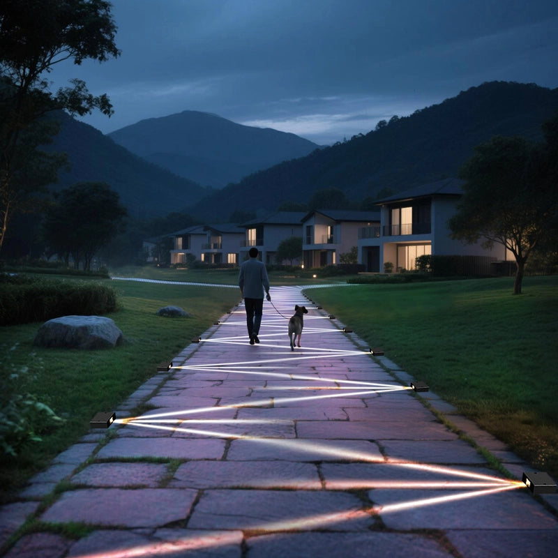 In a mountain villa area shrouded in twilight, a man is walking on a stone path with his dog. There are gorgeous light lines on the path. The surrounding environment is quiet and beautiful, and the mountains in the distance and the houses with lights on add a peaceful and peaceful atmosphere.