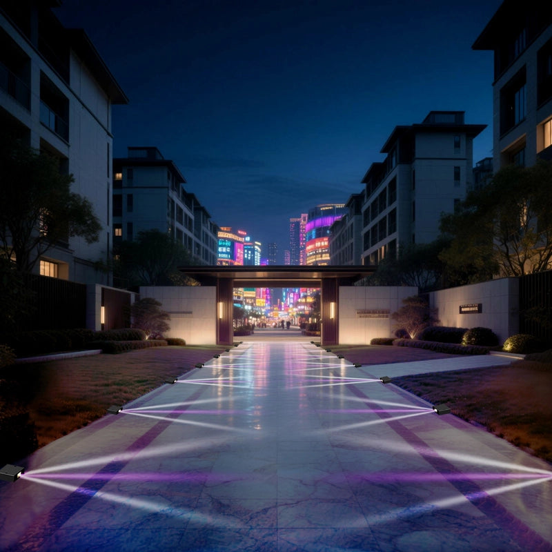 The city scene at night, a wide trail paved with reflective materials leads to the distance, with modern-style buildings on both sides, and purple light projected on the trail.
