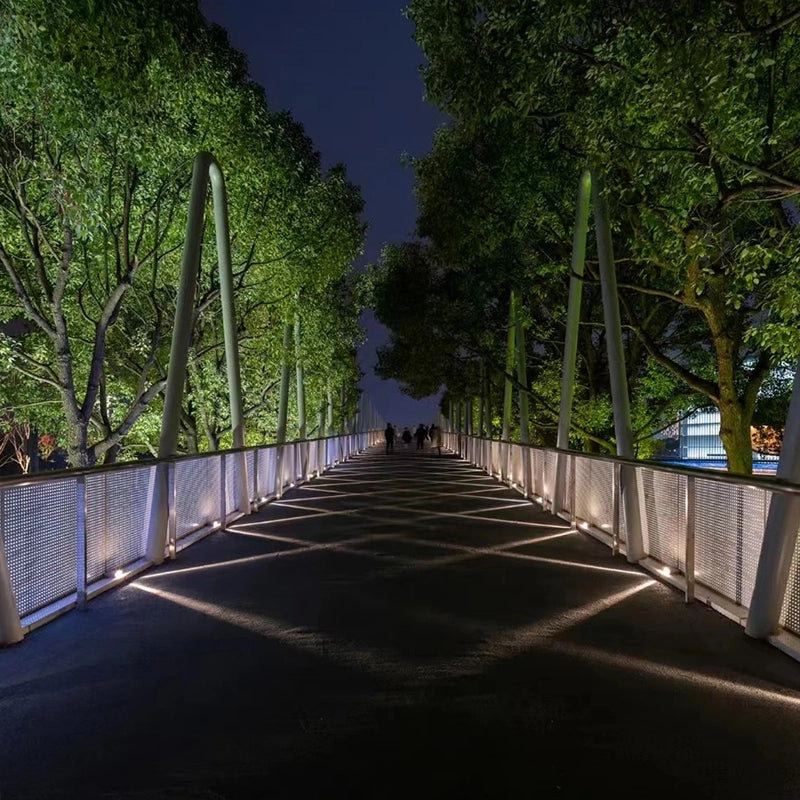 The lights on the ground and guardrails of the forest trail at night create a bright and warm atmosphere. Several figures walking on the trail appear peaceful and comfortable.